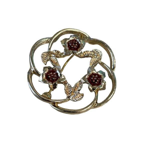 Sarah Coventry Gold Tone Floral Brooch Pin Red Enamel Accents Textured Leaves - Picture 1 of 6